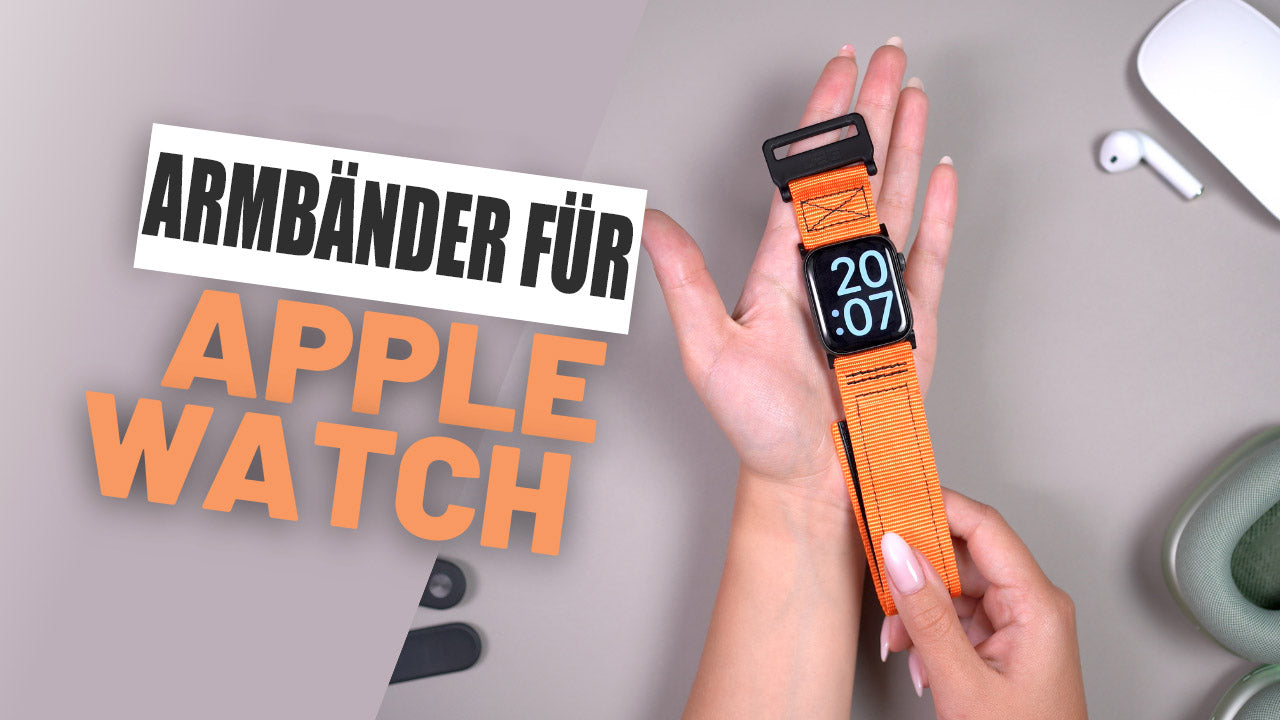 Apple Watch with orange band held in hand, text reads 'Armbänder für Apple Watch'