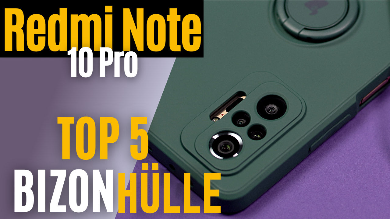 Green Bizon case on Redmi Note 10 Pro, highlighting top 5 case options.