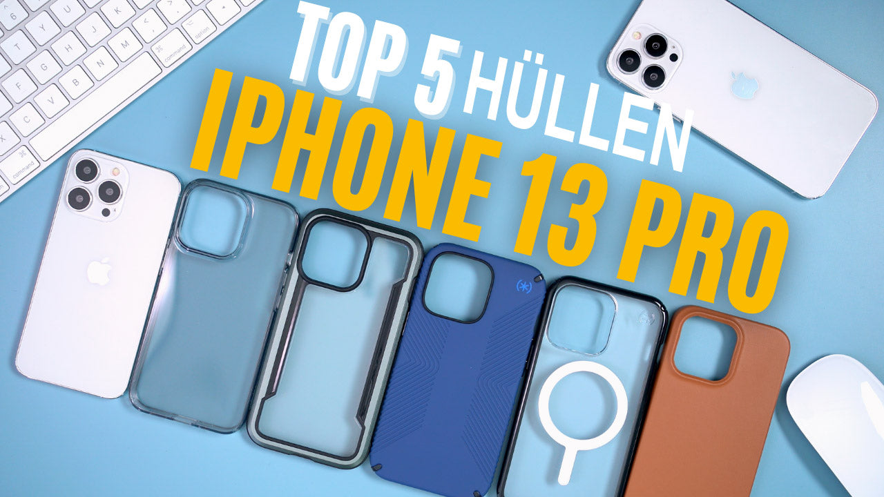 Top 5 iPhone 13 Pro cases displayed on a desk with Apple accessories.