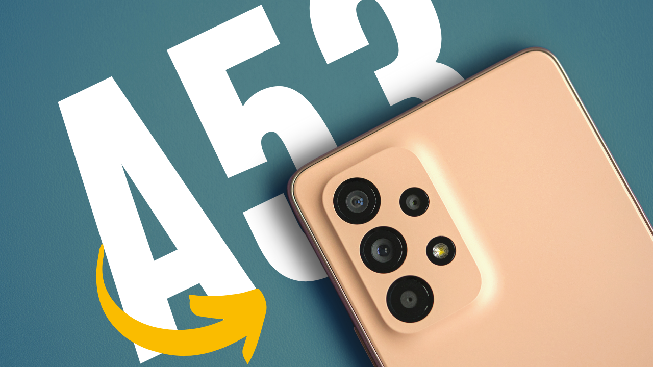 Samsung Galaxy A53 smartphone with camera lenses, displayed on a blue background with bold A53 text and yellow arrow graphic.