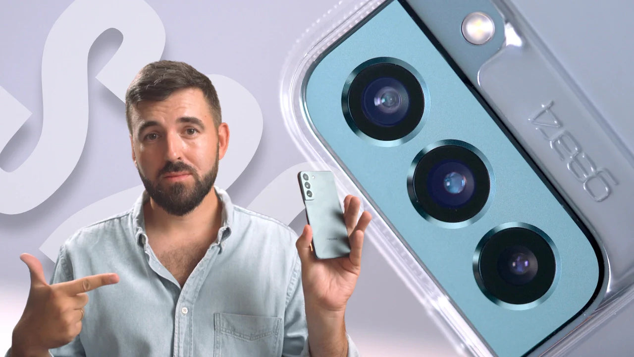 Person pointing at Samsung Galaxy S22 phone with OtterBox React Series case, showcasing camera features.