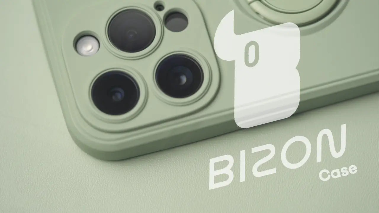 Bizon case for iPhone 14 Pro in green, showcasing the protective cover with camera cutouts. Perfect for outdoor enthusiasts.