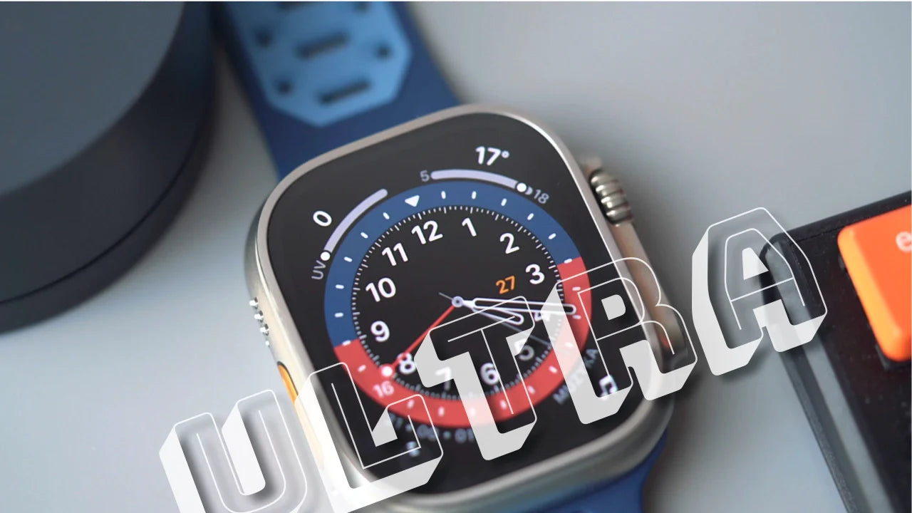 Apple Watch Ultra display showcasing time and weather on a modern dial with a blue strap, the word 'ULTRA' prominently overlaid on the image