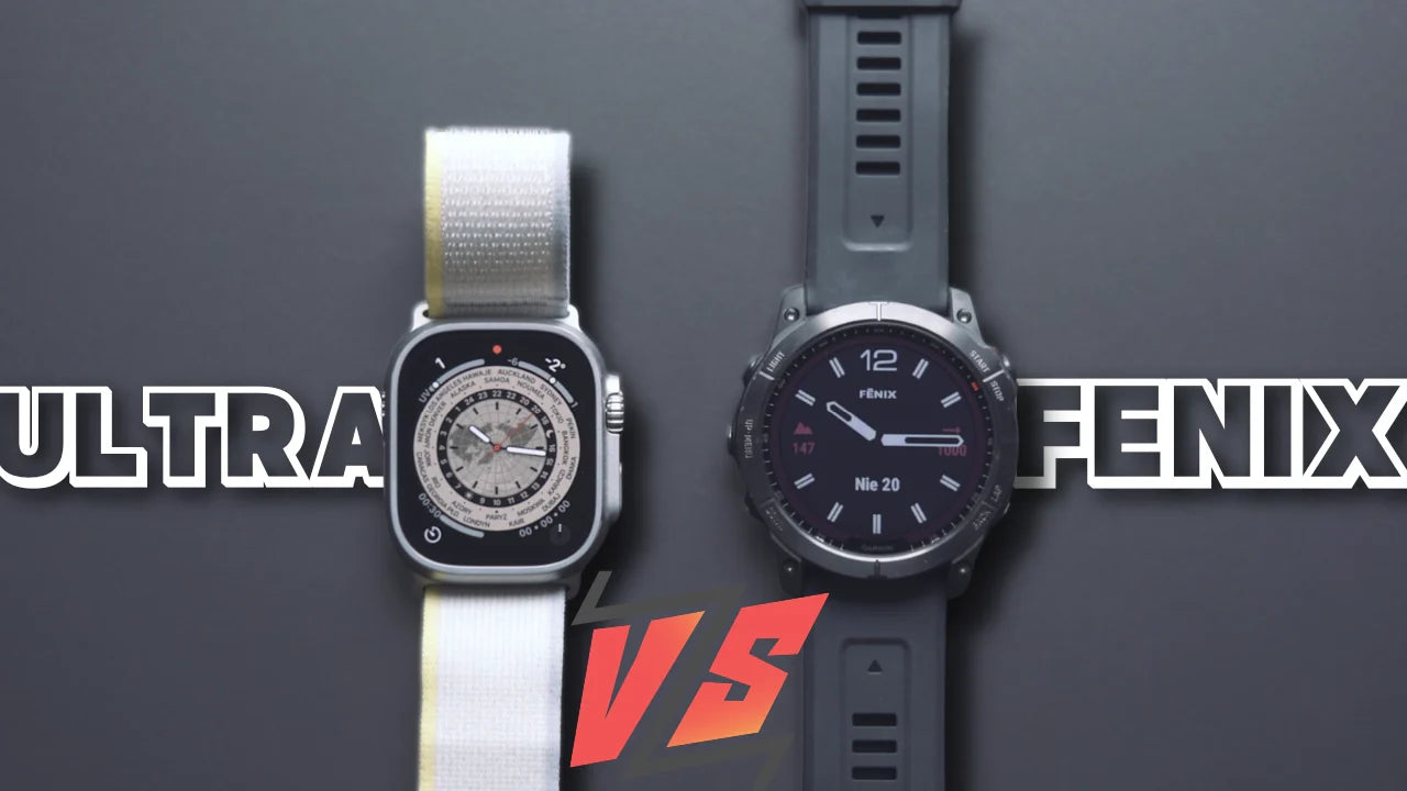 Comparison of Apple Watch Ultra and Garmin Fenix 7 showcasing design differences and features for lifestyle versus pragmatism.