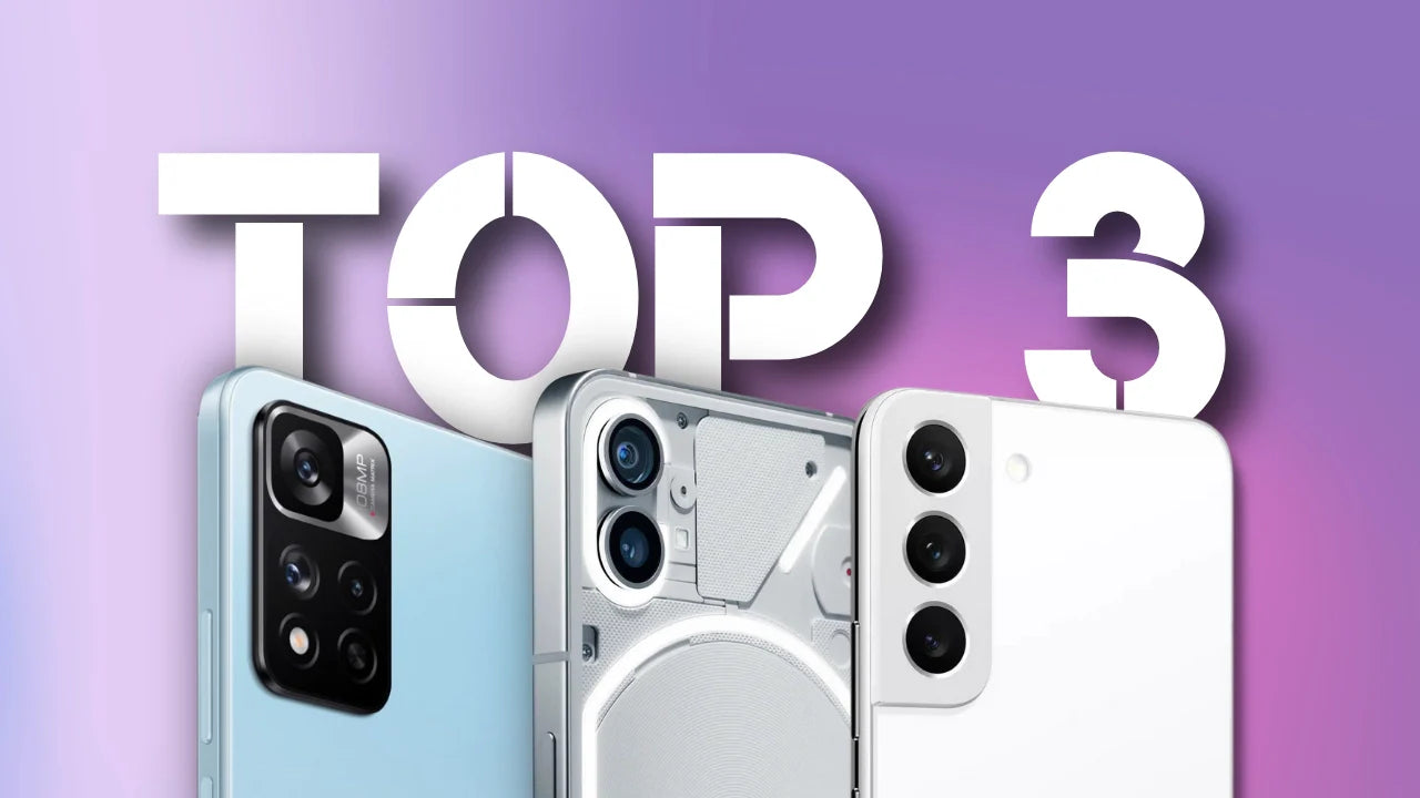 Top 3 Smartphones of 2022 featuring Xiaomi Redmi Note 11s and others on a purple gradient background.