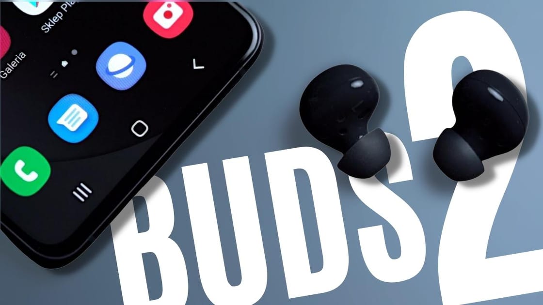 Samsung Galaxy Buds 2 with a smartphone showing app icons on a blue background with 'Buds 2' text