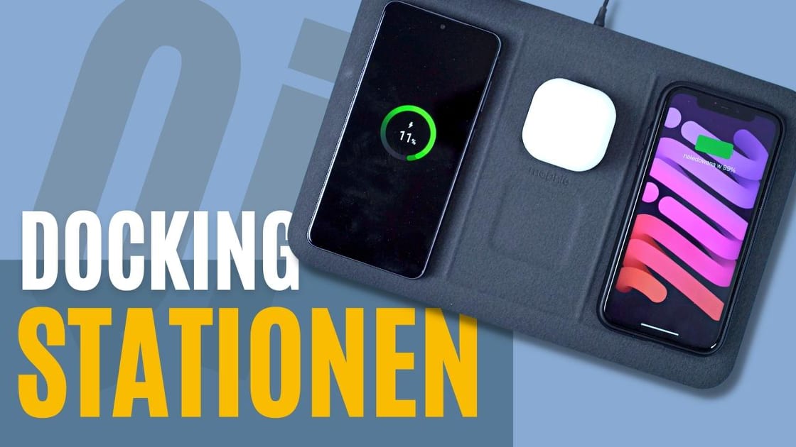 Docking station with multiple charging slots for smartphones and wireless earbuds, featuring a charging status display, "Docking Stationen" text.