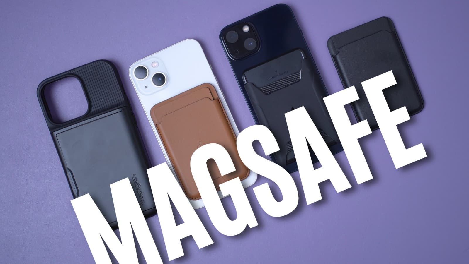 Four MagSafe cases, including a cognac leather card holder, on a purple background with "MAGSAFE" text overlay.