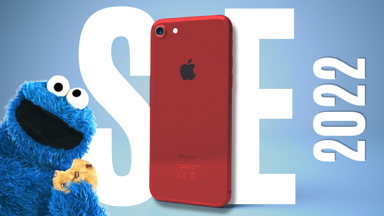 Red iPhone SE 2022 with cookie monster character and large SE 2022 text in background