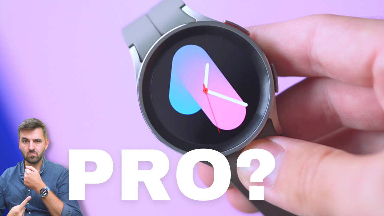 Close-up of Samsung Galaxy Watch 5 Pro with a digital watch face, featuring "PRO?" in bold letters and a person beside it.