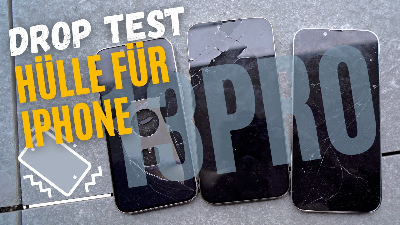 Three iPhone 13 Pro devices with cracked screens after a drop test highlighting the durability of phone cases by various brands.