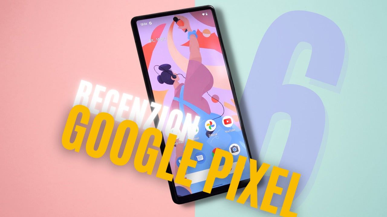 Google Pixel 6 smartphone review image with colorful background and text overlay.