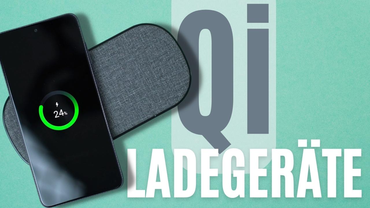 Smartphone on Qi wireless charging pad with 24% battery, text: 'Qi Ladegeräte' on teal background