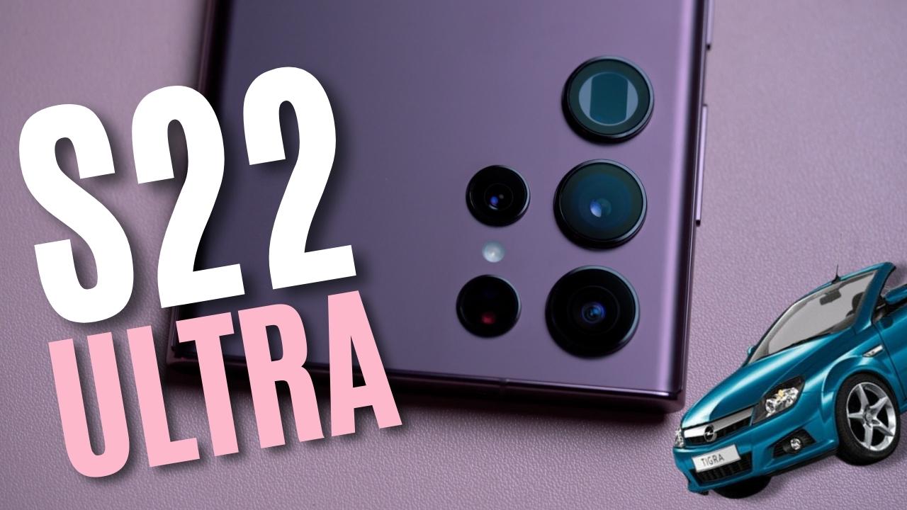 Close-up of Samsung Galaxy S22 Ultra camera lenses with Opel car illustration, highlighting technology and automotive themes.