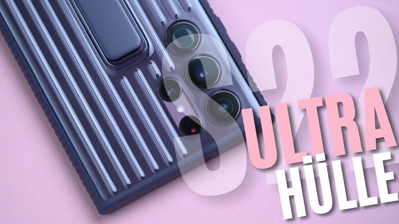 Samsung Galaxy S22 Ultra Hülle in Lila mit strukturiertem Design auf rosa Hintergrund