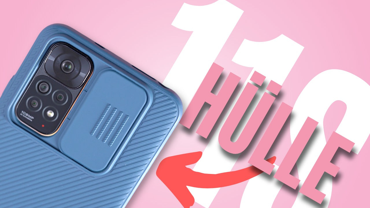 Blue protective case for Xiaomi Redmi Note 11/11S with camera cutout on pink background, featuring 'Hülle' text and arrow.