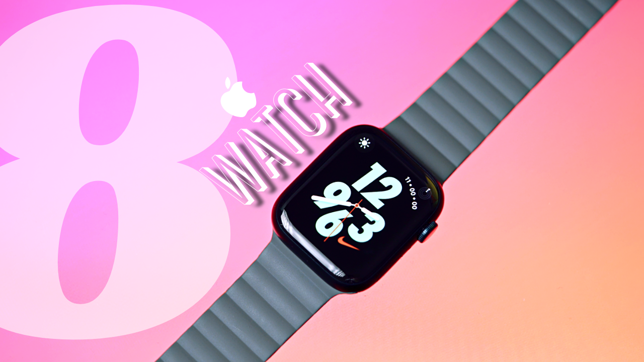 Apple Watch Series 8 with sleek strap on a colorful gradient background, showcasing the elegant design and advanced features.