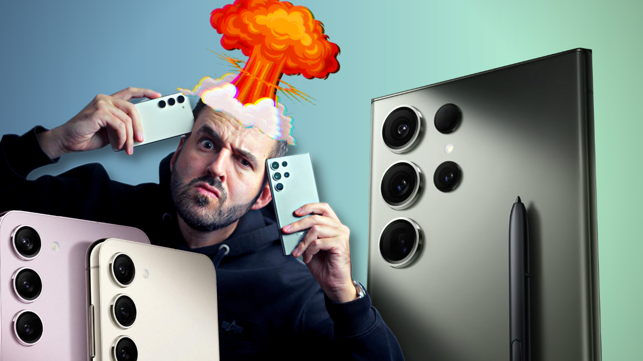 Person holding Samsung Galaxy S23 phones with explosion graphic, showcasing frustration.