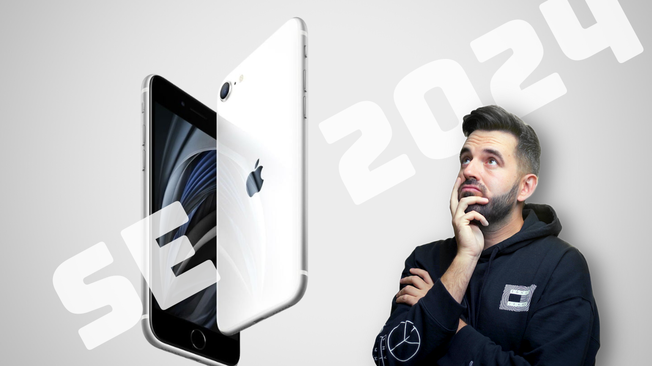 Concept of iPhone SE 2024 alongside a thoughtful person, showcasing potential features and design. Future iPhone speculation.