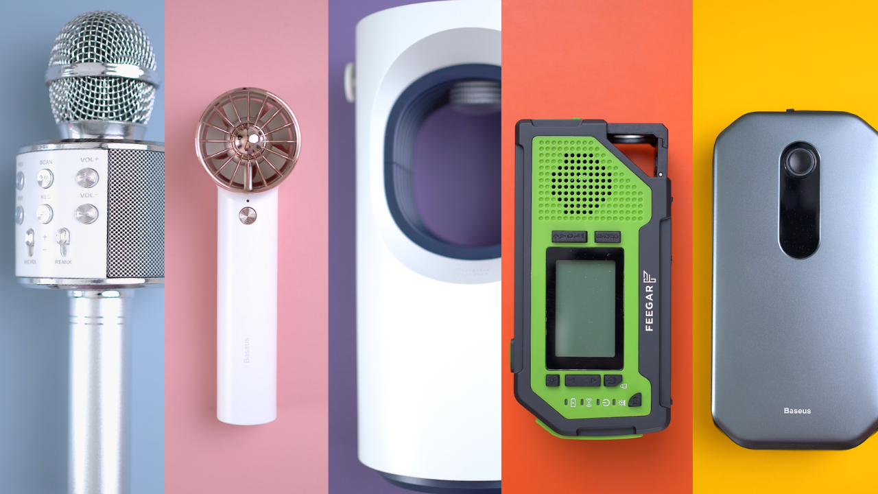 Collection of travel gadgets including a karaoke microphone, handheld fan, air purifier, portable radio, and power bank.