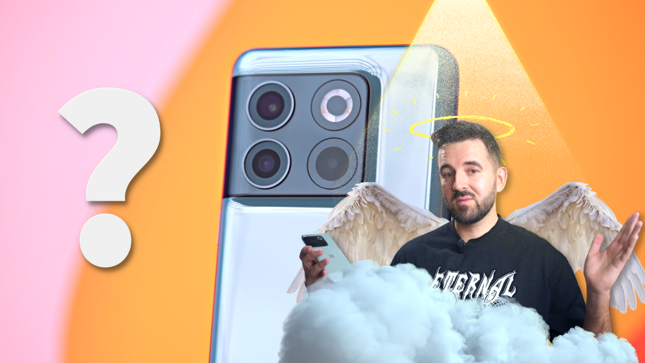 OnePlus 10T review concept with angelic figure and question mark, questioning the brand's future.