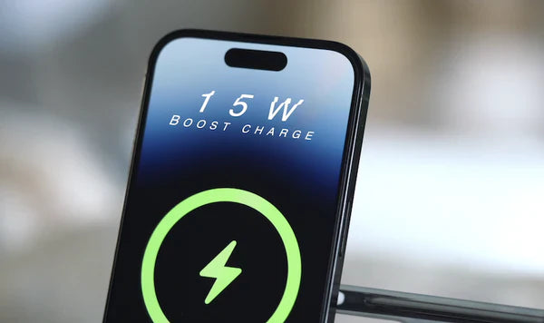 Belkin BOOST CHARGE iPhone displaying 15W charging in progress, highlighting fast wireless charging capabilities.