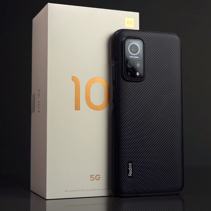 Xiaomi Mi 10T Pro with a sleek black case displayed beside its original packaging, emphasizing minimalist design and smartphone protection.