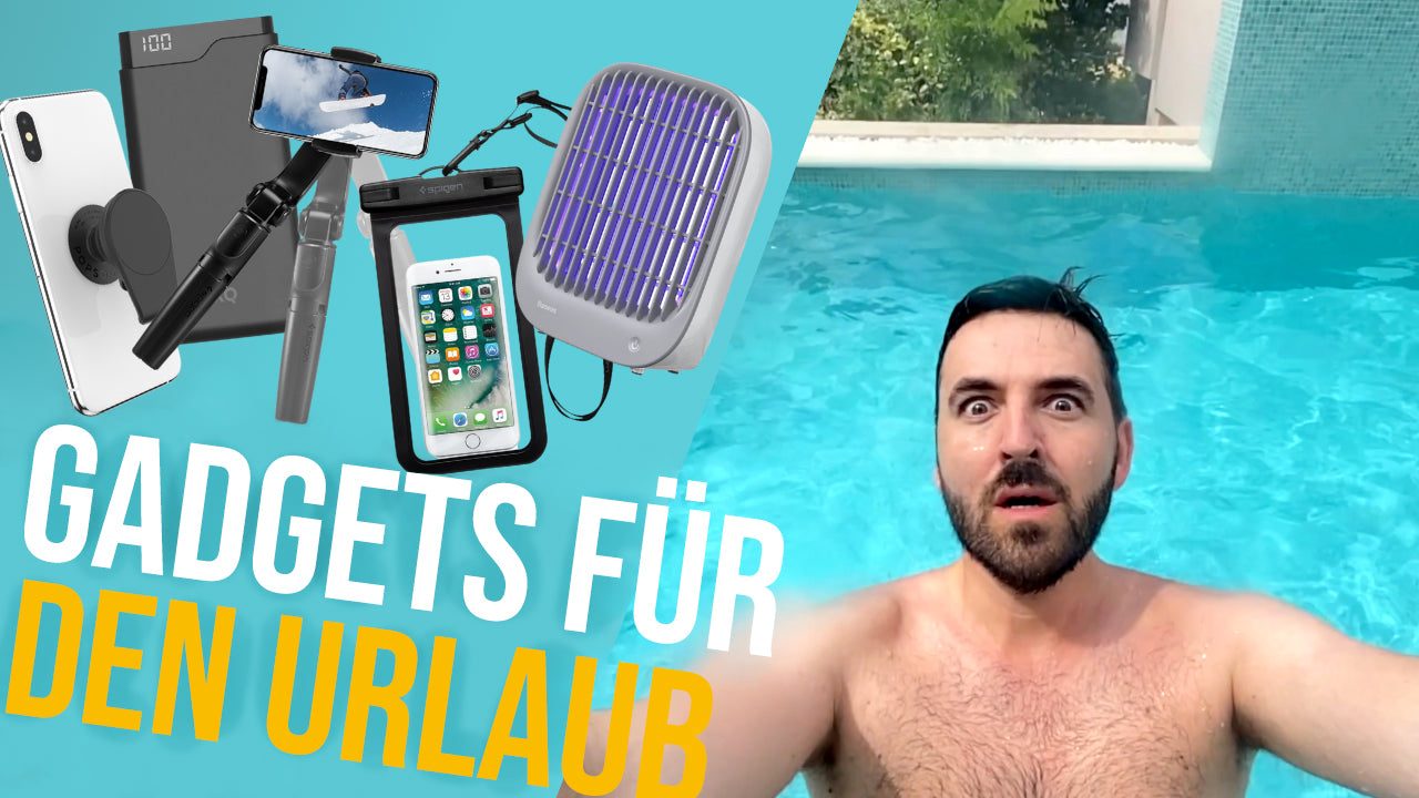 Man in pool with travel gadgets for vacation including smartphone accessories and portable fan displayed around him.