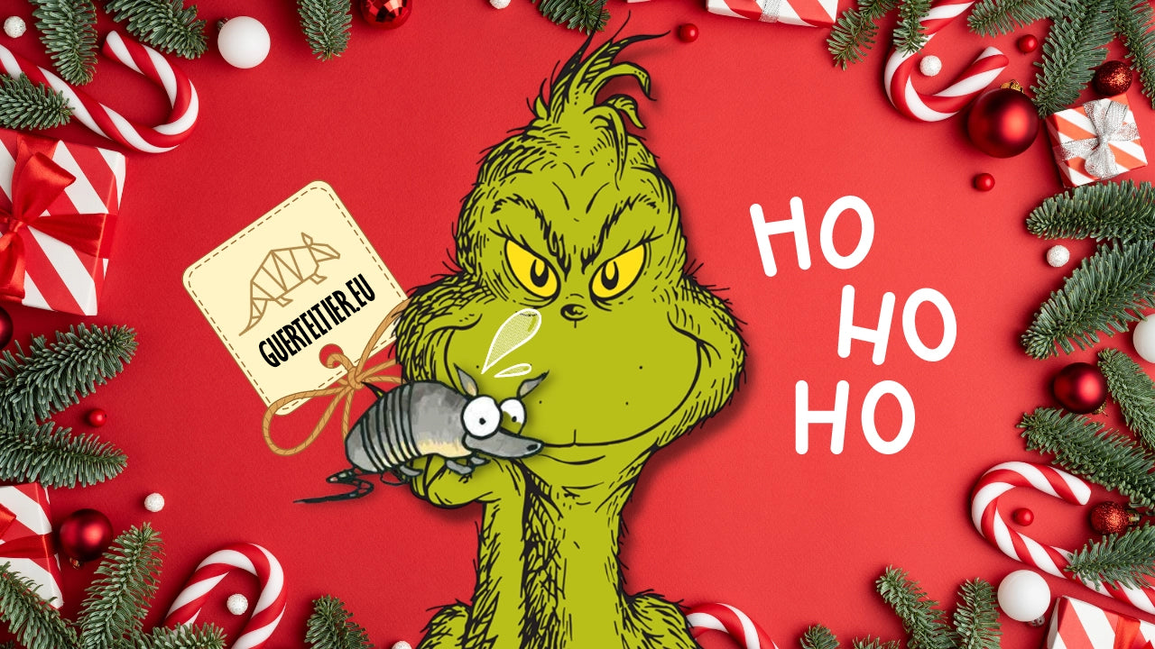 Festive illustration of a green character holding an armadillo with holiday decorations, featuring text 'HO HO HO' and a tag 'GUERTELTIER.EU'.