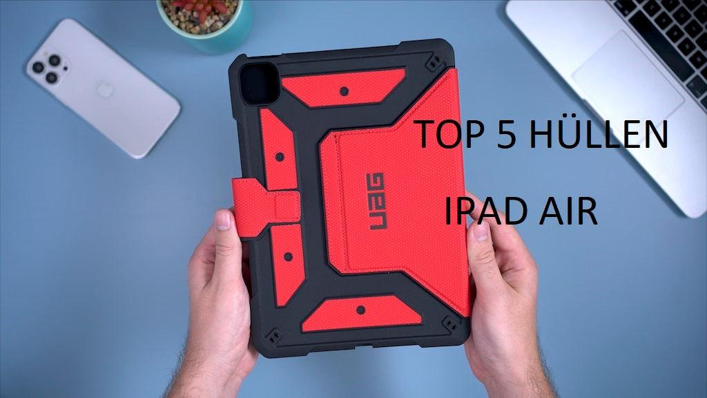 Person holding rugged red and black iPad Air case with 'Top 5 Hüllen iPad Air' text, showcasing protective features.