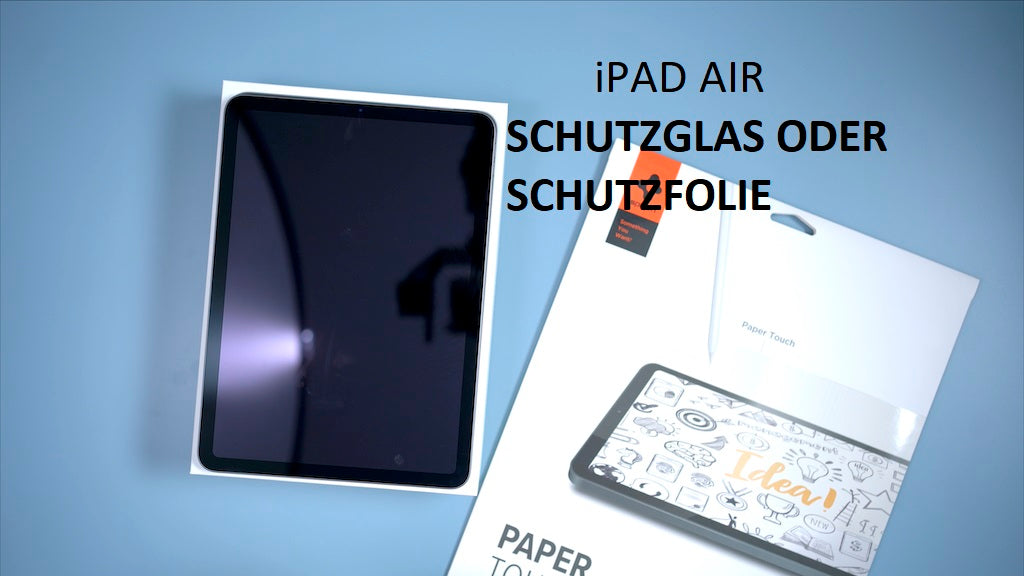 iPad Air with screen protector options: protective glass or film, shown with packaging on blue background.