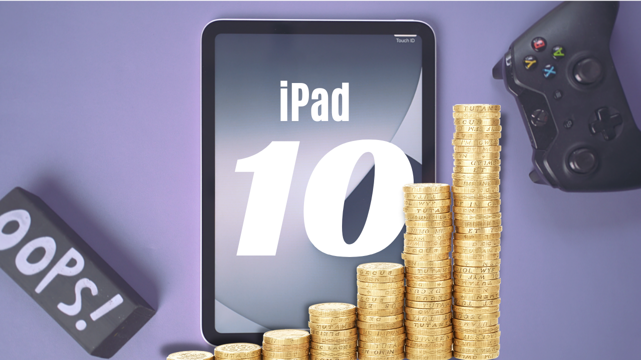 iPad 10 with stacked coins and gaming controller, highlighting value and entertainment options.