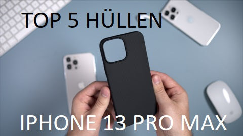 Person holding a black iPhone 13 Pro Max case against a background with keyboards and phones, featuring 'Top 5 Hüllen' text.