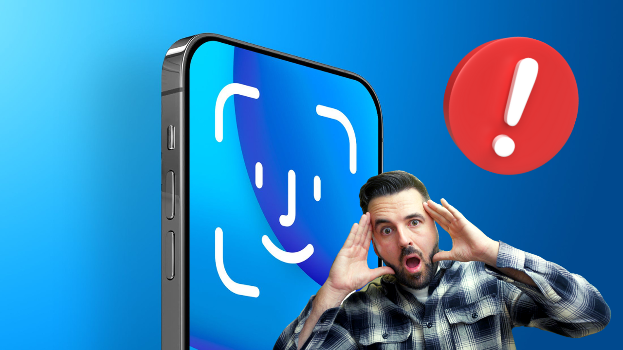 Person surprised by iPhone 15 facial recognition feature with exclamation mark symbol.