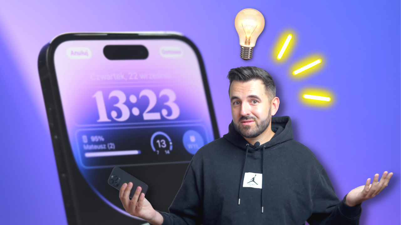 Man pondering in front of iPhone 14 Pro with a glowing light bulb above his head, symbolizing ideas and innovation.