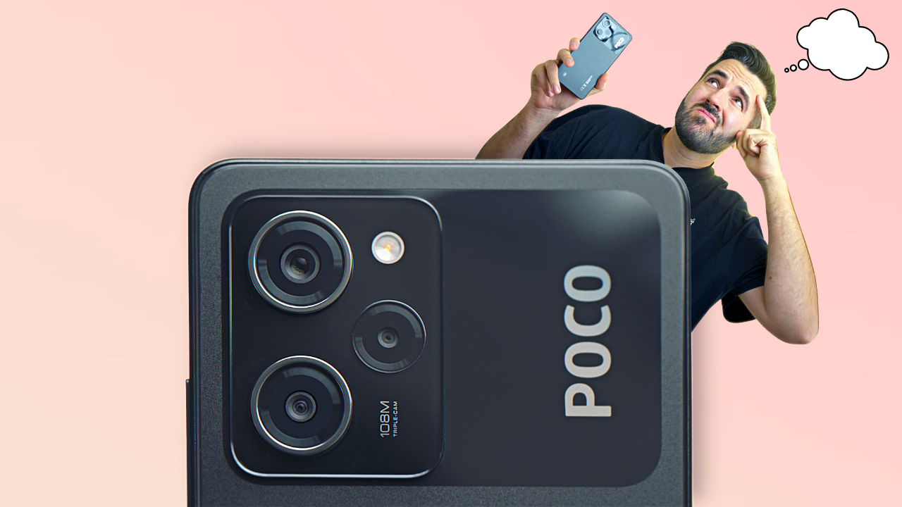 Close-up of Poco X5 Pro smartphone with man holding phone and pondering expression.