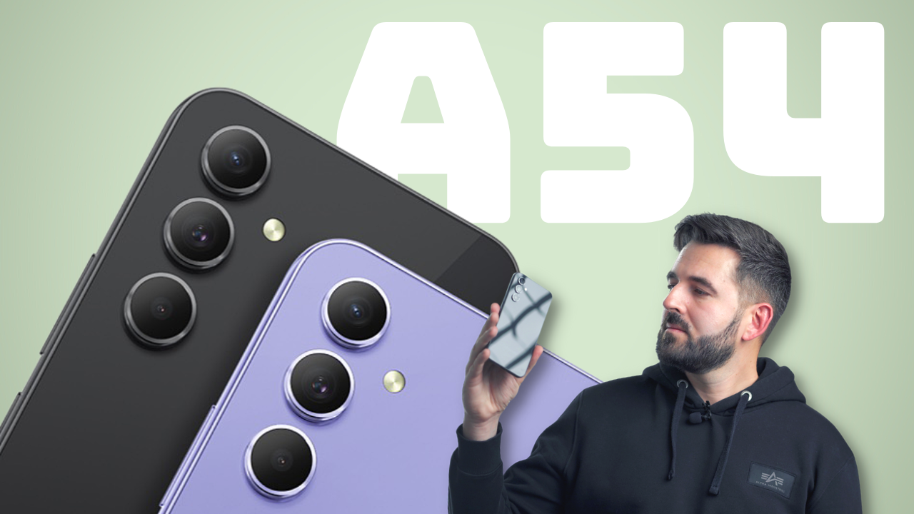 Samsung Galaxy A54 smartphone features, showing dual cameras and man holding phone, highlighting design and innovation.