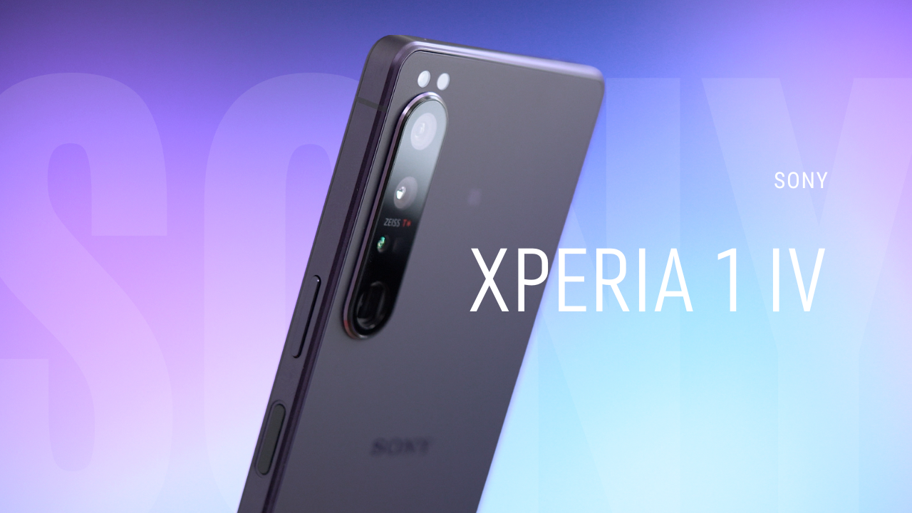 Sony Xperia 1 IV smartphone showcasing sleek design and advanced camera features on a gradient background.