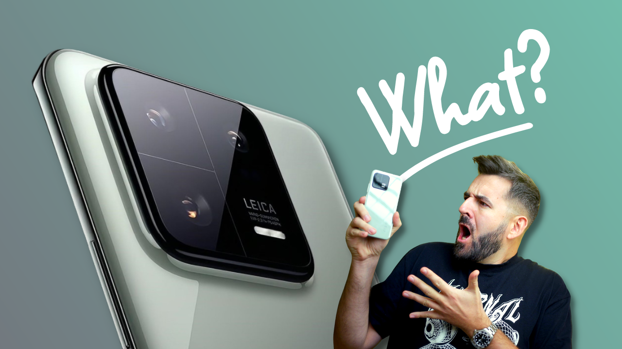 Close-up of Xiaomi 13 Leica camera alongside a surprised individual holding a phone with text "What?"