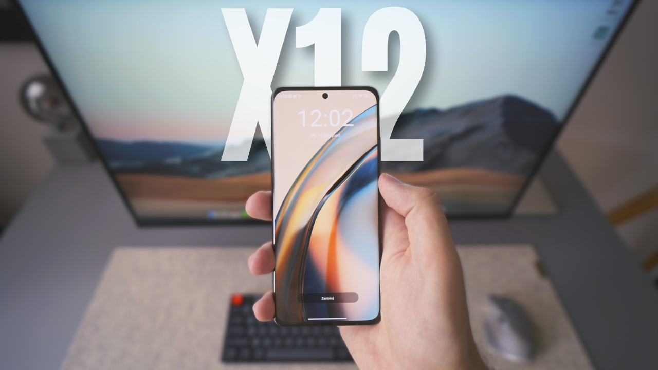Xiaomi 12 smartphone held in hand, displaying screen, with 'X12' in background, highlighting design and features.