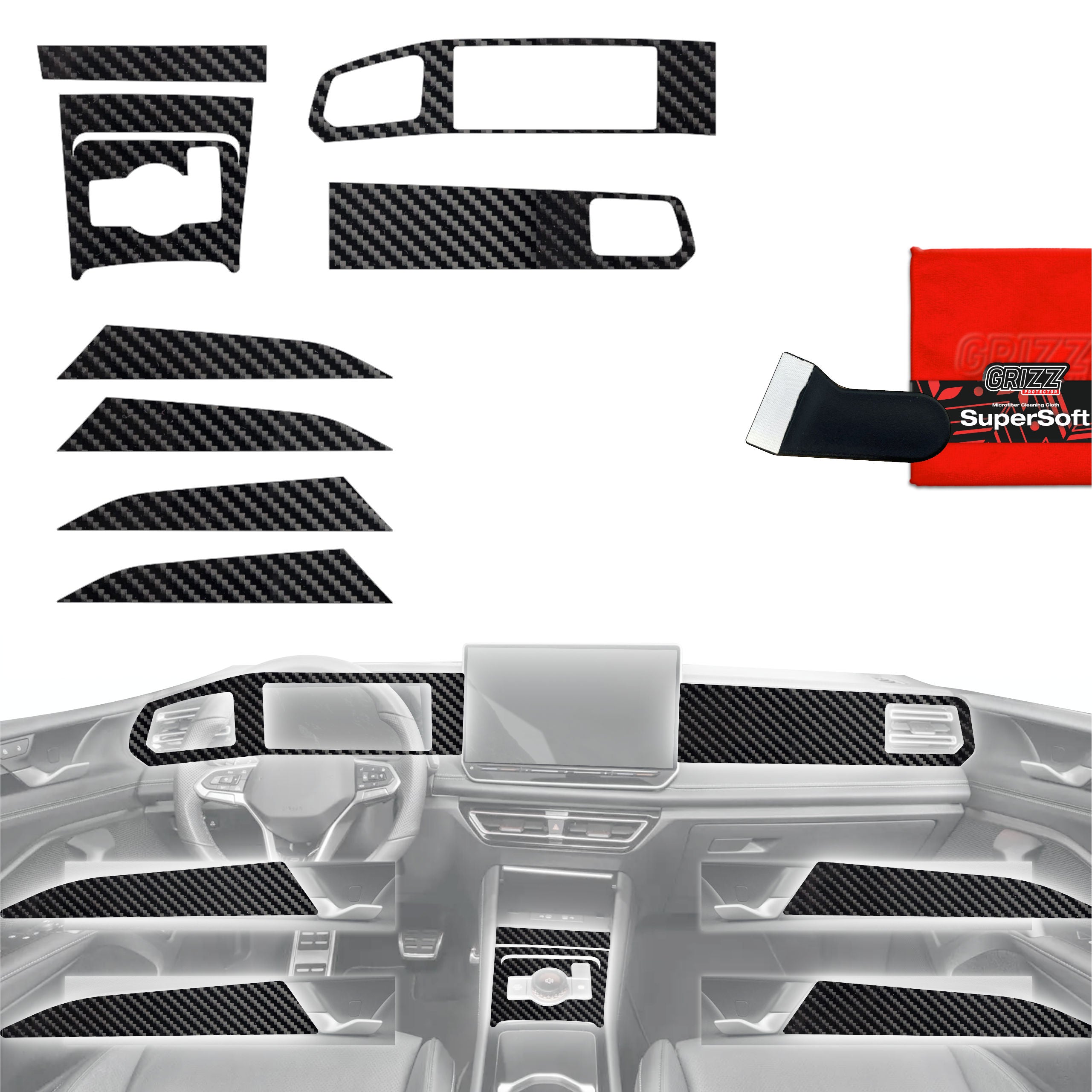 8in1 Schutzfolien Grizz Protector für Mittelkonsole & Armaturenbrett - Volkswagen Tiguan 3 (2024-2026) Carbon Optik Glanz