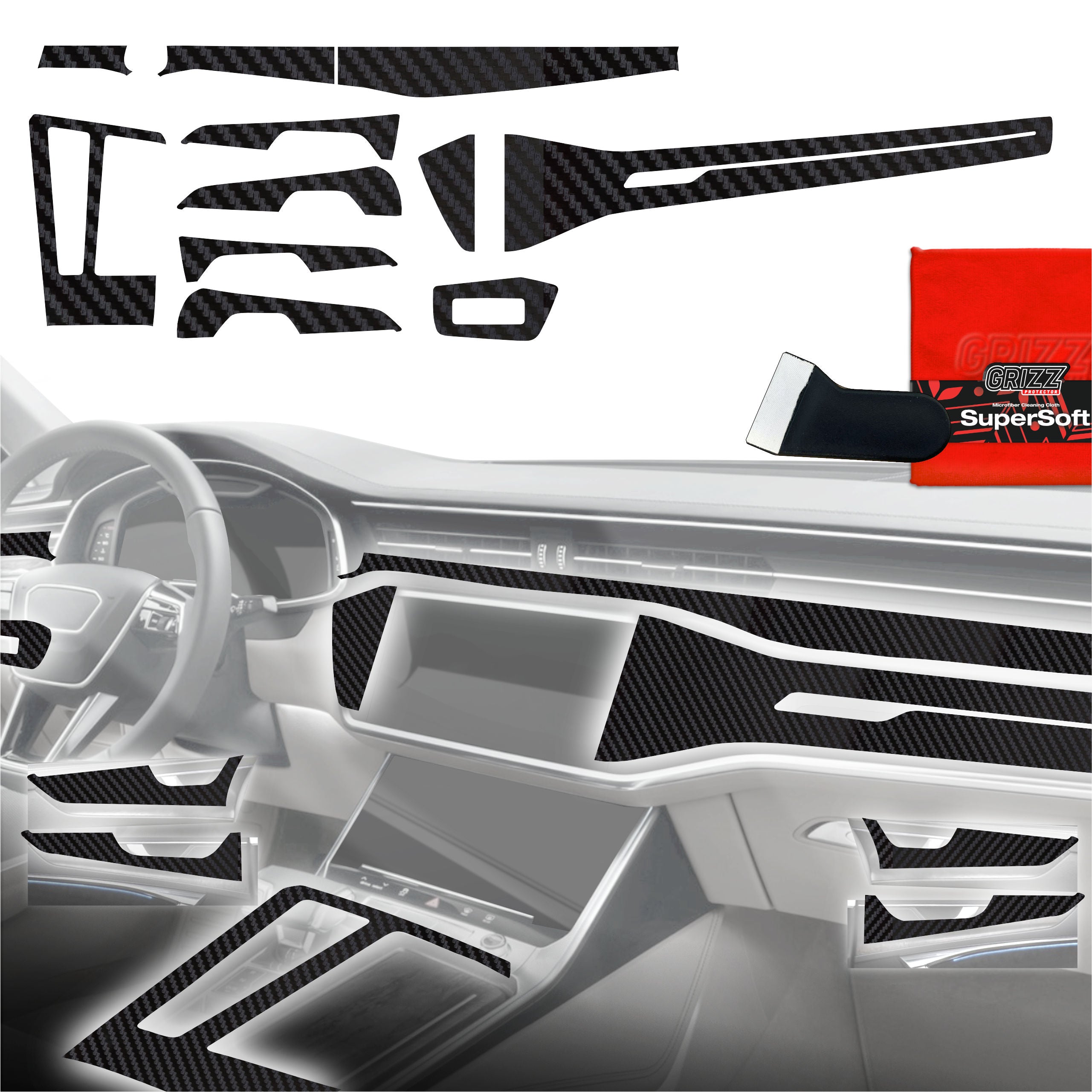 11in1 Schutzfolien Grizz Protector für Mittelkonsole & Armaturenbrett - Audi A6 C8 (2018-2024) Carbon Optik Matt Antifingerprint