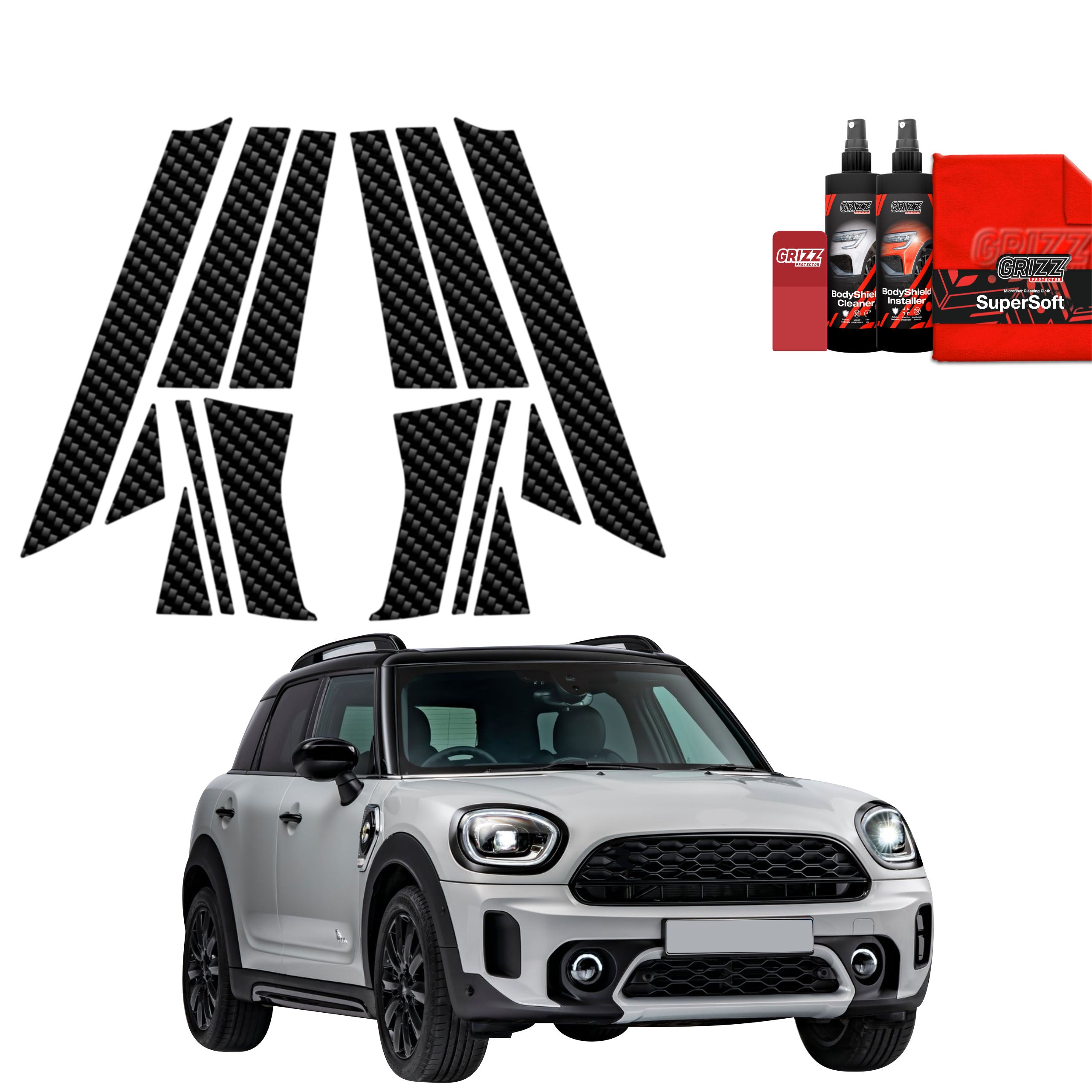 14in1 Kohlenstoff Schutzfolie Grizz Protector für A-B-C-Säule - Mini Countryman (2023- 2025)