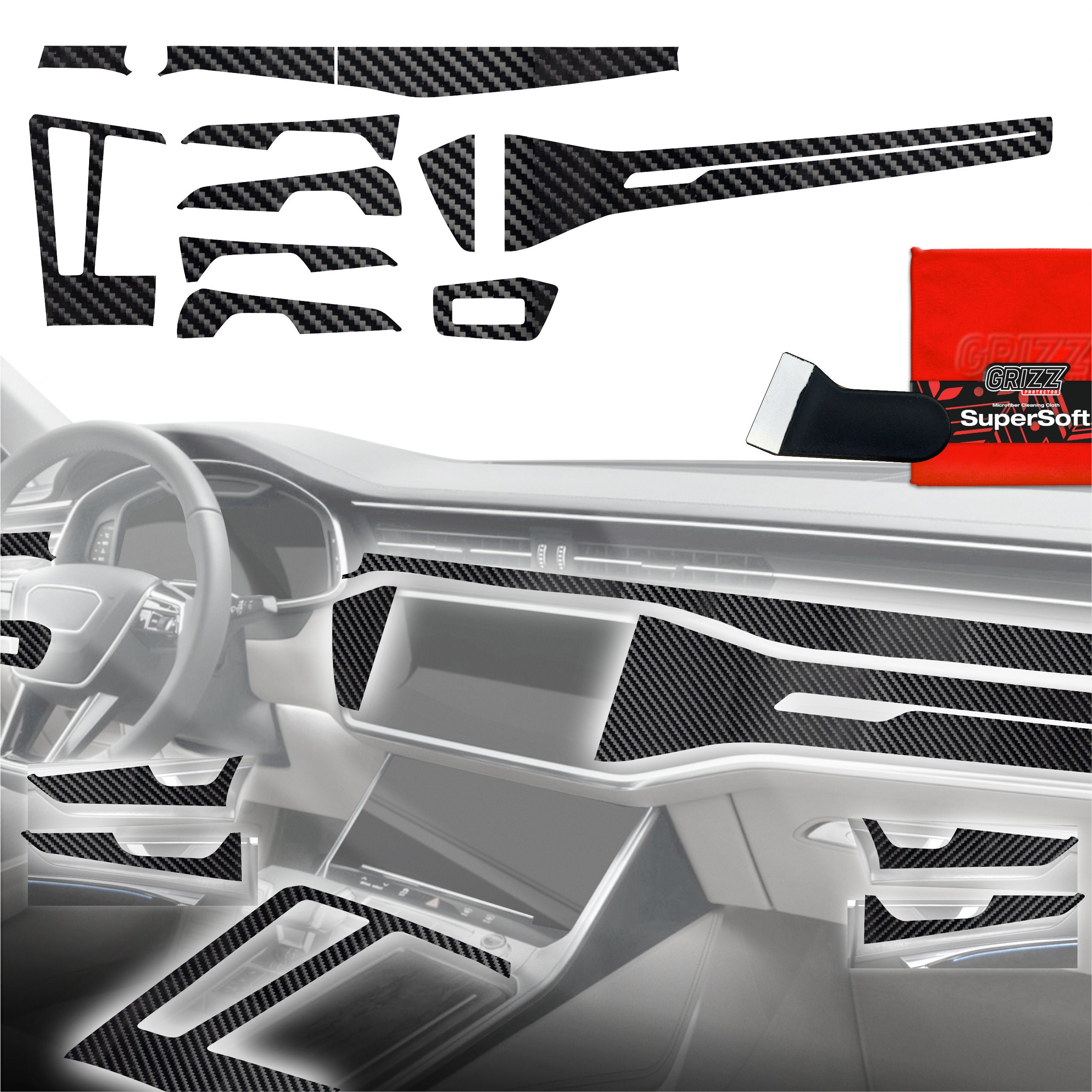 11in1 Schutzfolien Grizz Protector für Mittelkonsole & Armaturenbrett - Audi A6 C8 (2018-2024) Carbon Optik Glanz