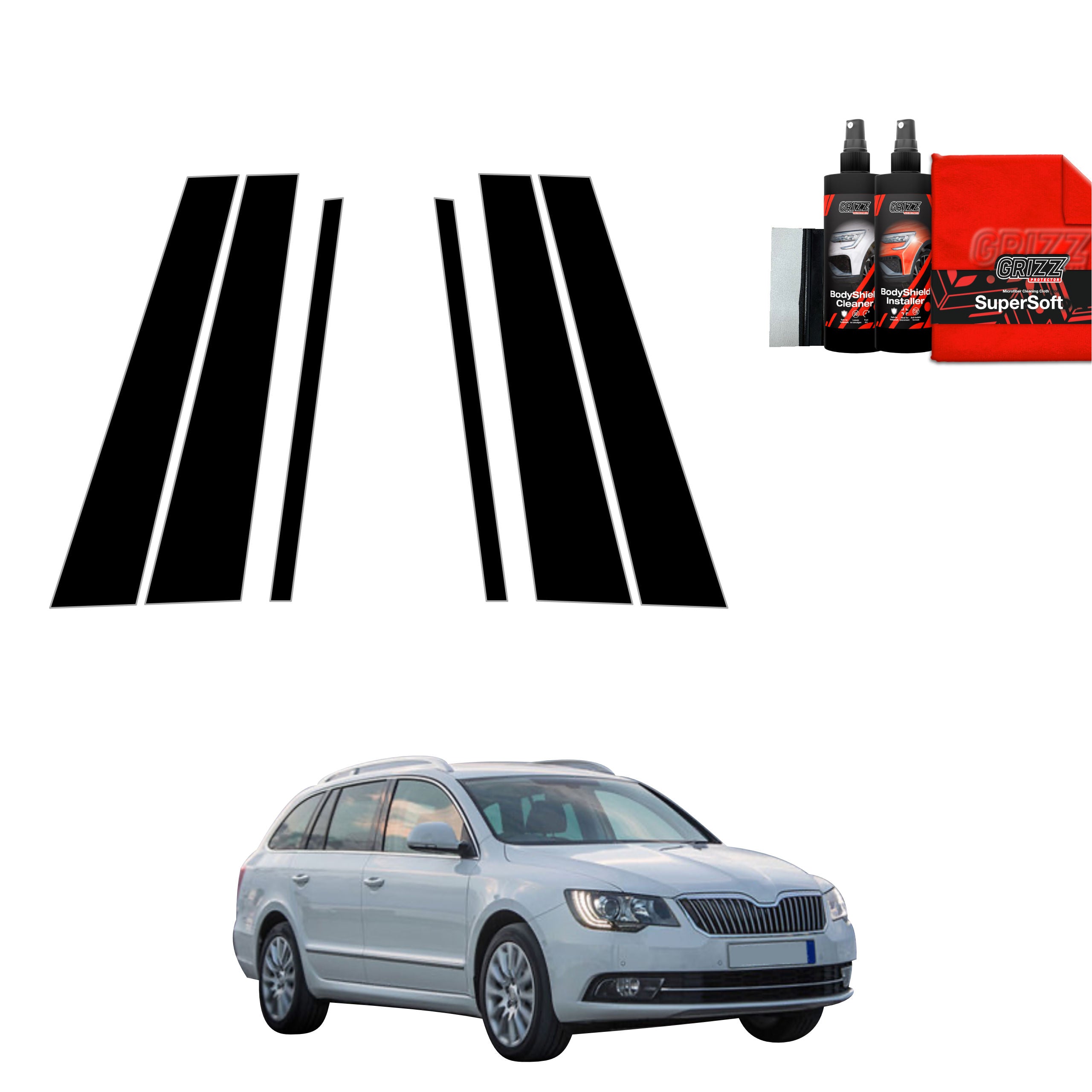 6in1 Schwarze Grizz Protector schutzfolie für B-C-Säule - Skoda Superb 2 Kombi Facelifting (2013-2015)