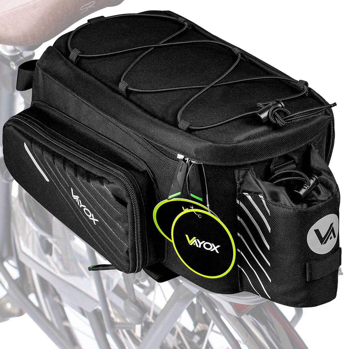Vayox VA0171 Fahrradtasche, 12L Schwarz, auf Gepäckträger montiert, mit Reißverschlüssen und robustem Design, ideal für Fahrradtouren.