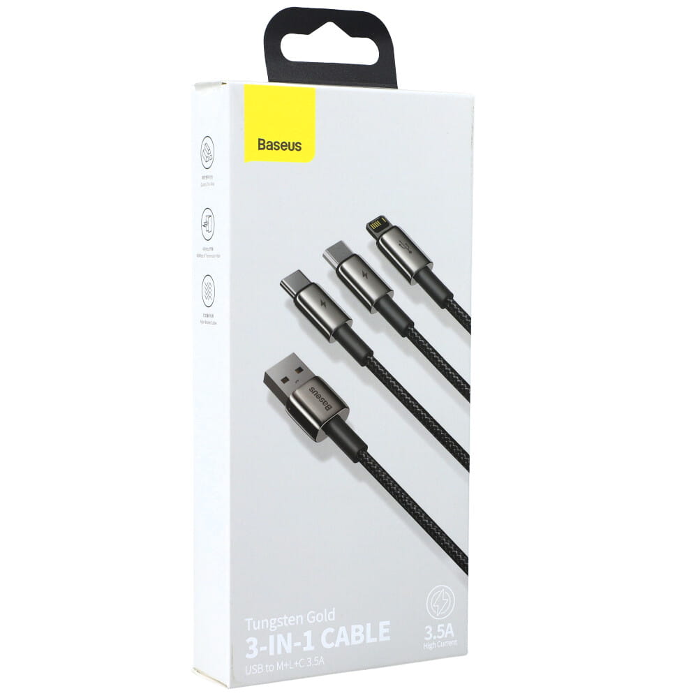 Kabel Baseus Tungsten Gold 3in1 USB-A für USB-C / Lightning / MicroUSB 3.5A 1,5m, Schwarz