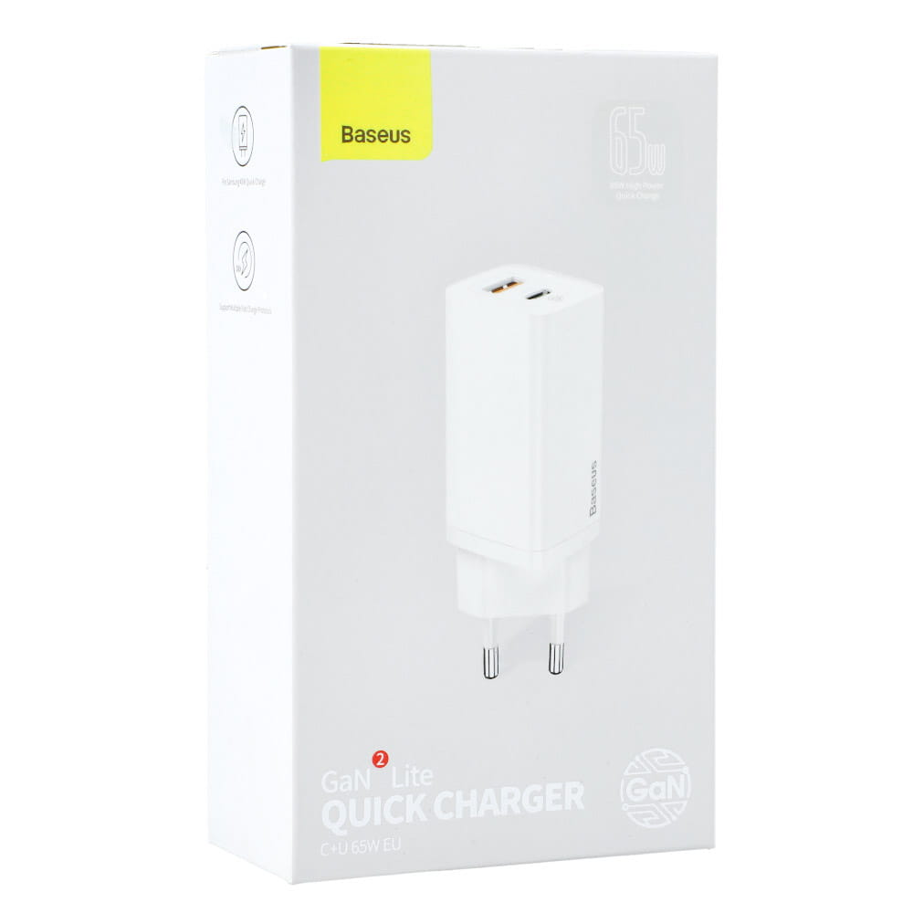 Baseus Ladegerät Gan2 Lite, 1XUSB-A, 1XUSB-C, 65W, PD 3.0, QC 4.0+, Weiss