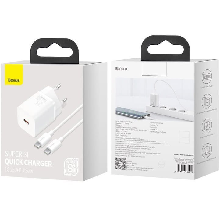 Schnell Ladegerät Baseus Super Si Quick Charger 1C USB-C 25W + Kabel, weiß