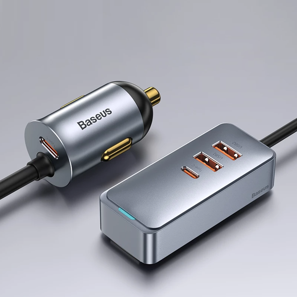 Baseus Share Together 2x USB-A, 2x USB-C, 4x 30W, QC, PD Autoladegerät mit Splitter, Grau